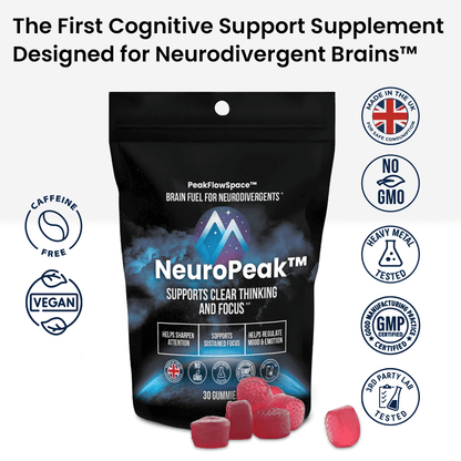 NeuroPeak supplement package with branding and product details on a white background