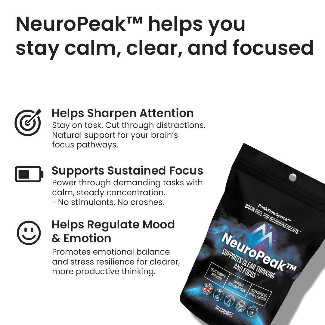 NeuroPeak supplement packaging with text highlighting its benefits on a white background