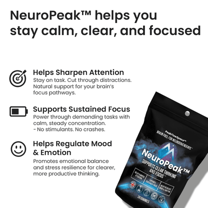 NeuroPeak supplement packaging with text highlighting its benefits on a white background