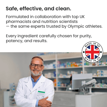 Man in a lab coat standing in a pharmacy with text about product safety, effectiveness, and purity.