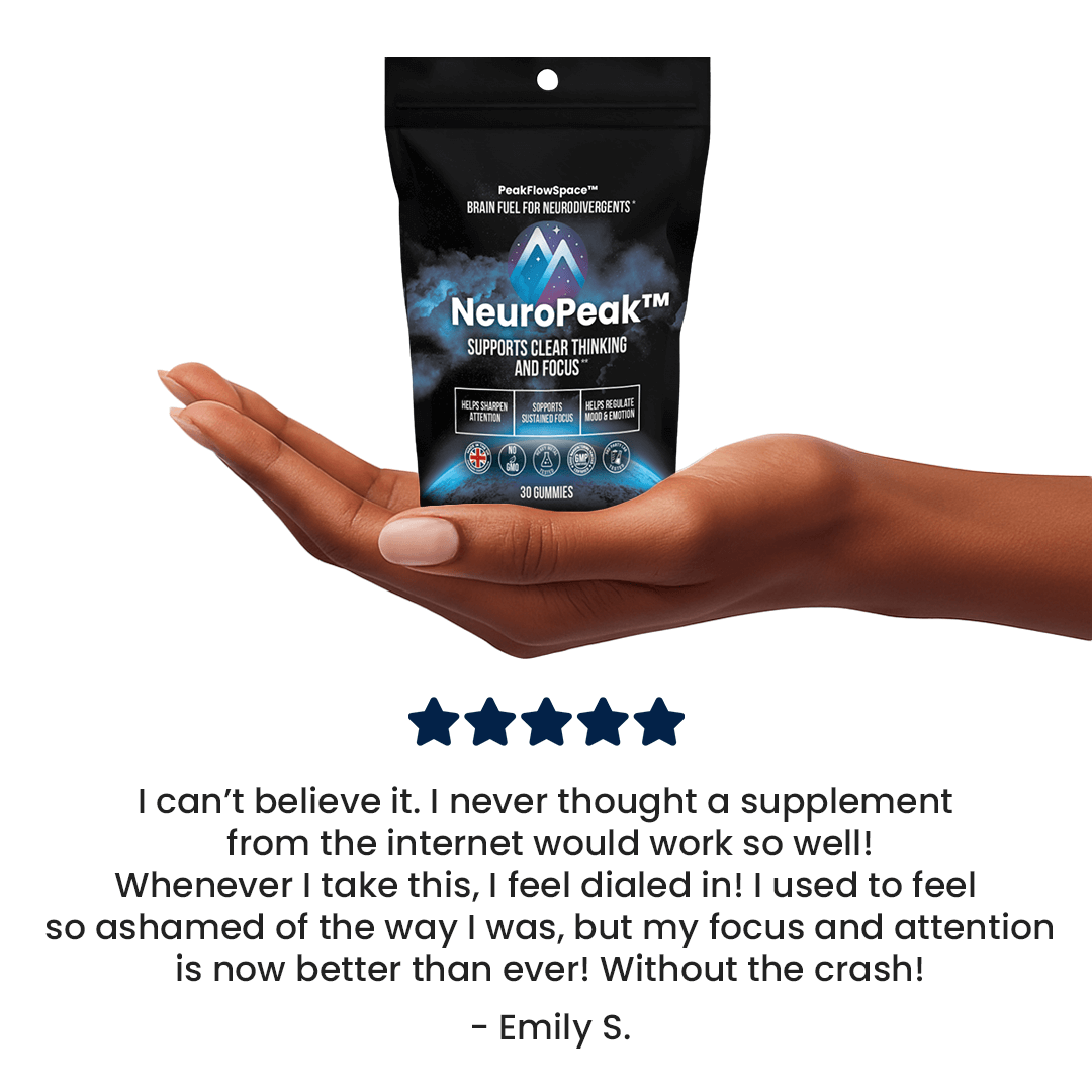 NeuroPeak supplement package held in a hand with a five-star rating and customer testimonial.