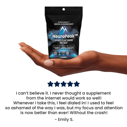 NeuroPeak supplement package held in a hand with a five-star rating and customer testimonial.