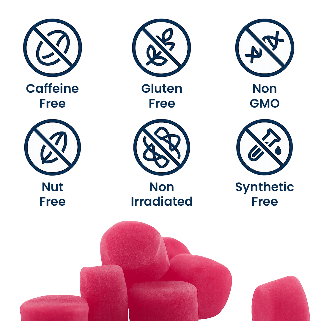 Pink gummy bears with health certification icons on a white background