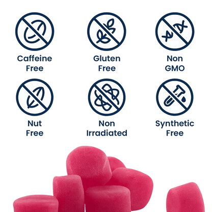 Pink gummy bears with health certification icons on a white background