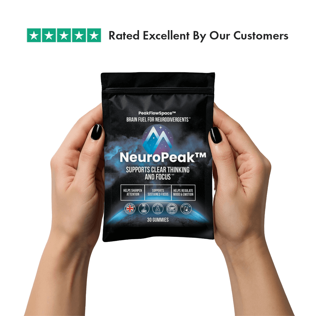 NeuroPeak supplement package held by hands with a five-star rating above it on a white background