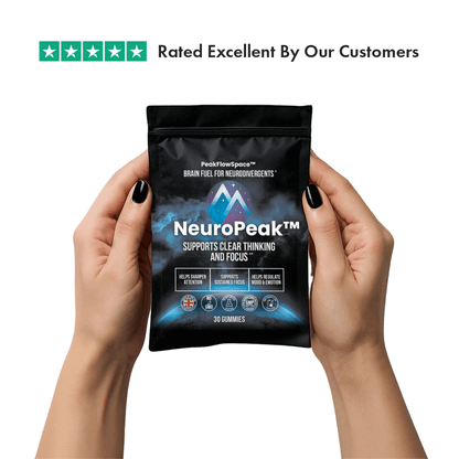 NeuroPeak supplement package held by hands with a five-star rating above it on a white background